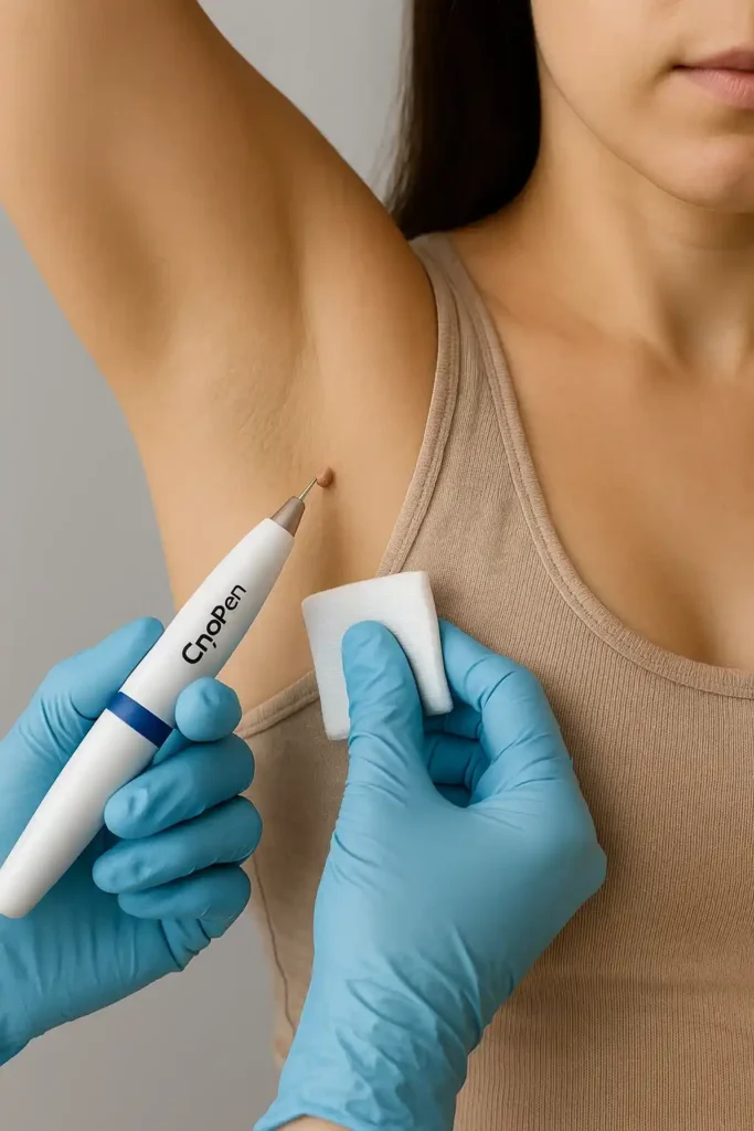 woman having cryopen to remove underarm skin tags Nantwich