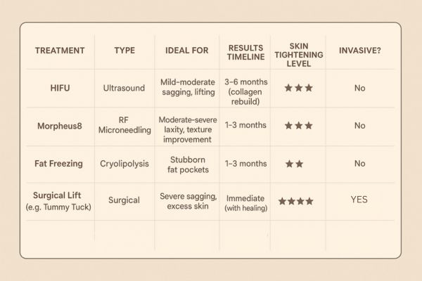 Table showing the comparisons of Skin tightening Nantwich treatment options.